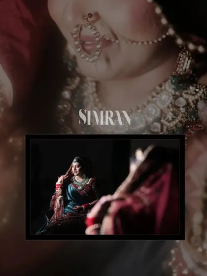 A creative collage focusing on the bride, Simran, with a close-up of her face and a reflection shot, creating a dreamy and artistic look.