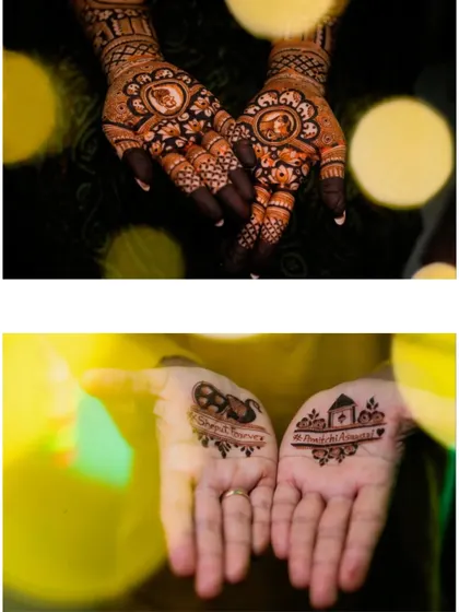 A close-up of the bride's intricate mehendi, which includes personalized details like portraits and names. This is a beautiful way to make the henna art unique.