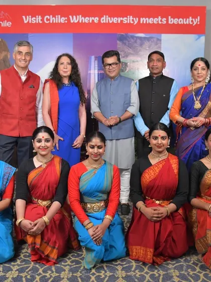 A formal photograph with dignitaries and my dancers at the Embassy of Chile event. These collaborations are a wonderful way to represent Indian culture on a global stage.