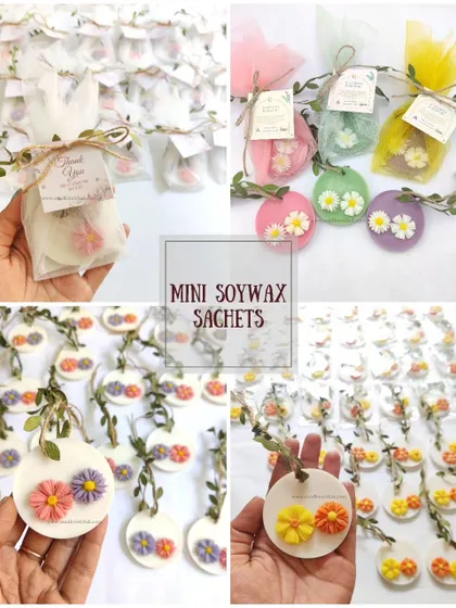 A collage dedicated to my mini soy wax sachets. These are a wonderful, budget-friendly return gift option, available in many colors and designs like the popular daisy flower.