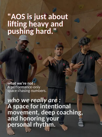 "AoS is just about lifting heavy and pushing hard." We are a space for intentional movement, deep coaching, and honoring your personal rhythm, not a performance-only space chasing numbers.