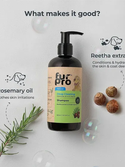 Our Fur Pro Deep Cleaning shampoo is formulated with Reetha extract and Rosemary oil to soothe skin and deeply hydrate the coat.