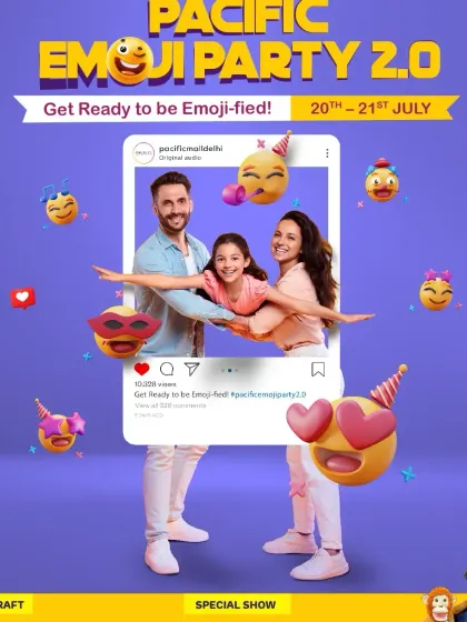 A promotional poster for our 'Emoji Party' show at Pacific Mall. We often participate in themed events, bringing our unique brand of puppet comedy to the party.