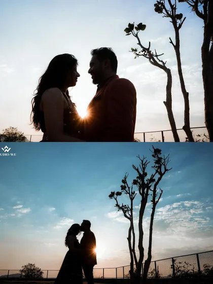 A silhouette of a couple against a beautiful sunset. We love using natural light to create these classic, romantic, and visually striking pre-wedding photos.