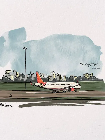 The feeling of adventure starting with a morning flight. This simple, evocative sketch is an example of how I capture the moments in between, the journey as well as the destination, in my travel art.