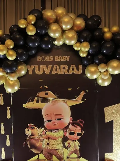A close-up of the Boss Baby backdrop, featuring characters from the movie and a personalized name.