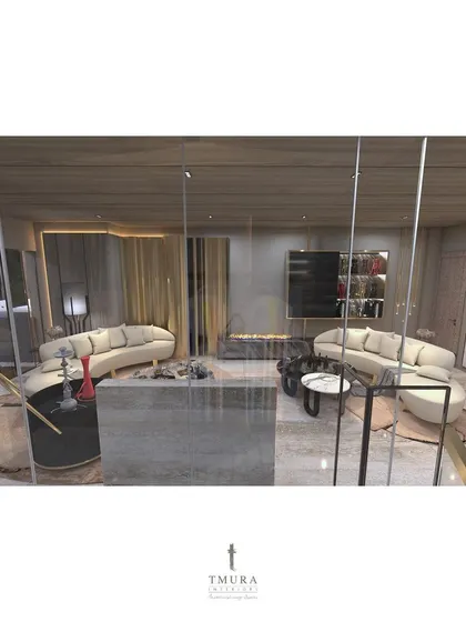 A duplicate view of the lounge, emphasizing the layering of textures from the wooden ceiling to the marble floor and plush rugs. Each material is chosen to contribute to a cohesive and luxurious whole.