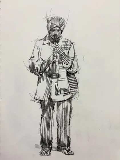 A quick gesture sketch of a musician, focusing on the overall pose and energy.