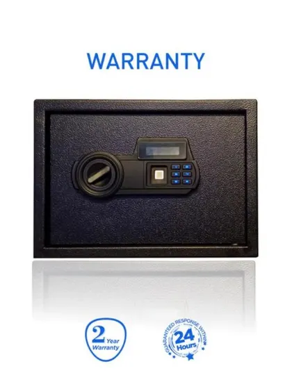 This image highlights the 2-year warranty and 24-hour service response for the Safilo Bio-Z safe.