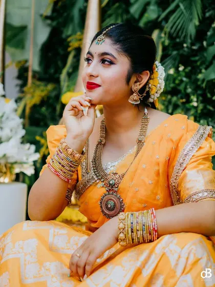 Additional portraits from the Haldi ceremony, showcasing the beautiful makeup and traditional styling from different angles.