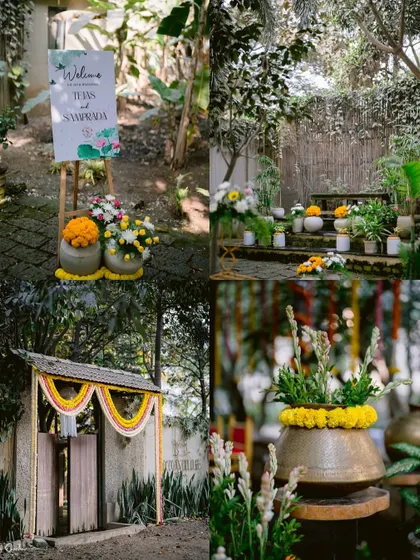 A collage of the beautiful, rustic, and nature-inspired decor from Tejas and Samprada's wedding at Ecoville, Pune.