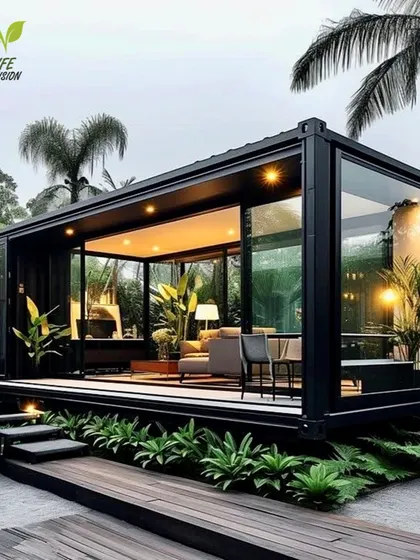 We also design and landscape around modern structures like this container home. The wooden deck and lush surrounding ferns and palms integrate the building seamlessly into its natural environment.