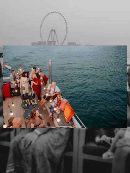 An overview of a beautiful yacht party in Dubai, with the Ain Dubai in the background. It shows the scale and unique experience of a destination wedding celebration.
