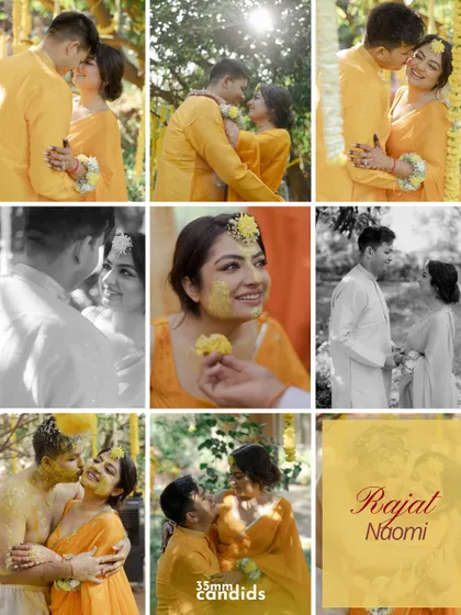A collage from Rajat and Naomi's vibrant Haldi ceremony, filled with yellow hues, playful moments, and lots of love. A highlight from our year of capturing joy.