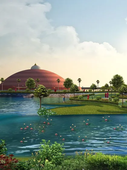 The master plan for the DDIBU campus incorporates a large, man-made lake created by using check dams along the site's natural contours. This sustainable feature also provides a beautiful, reflective setting for the meditation hall.