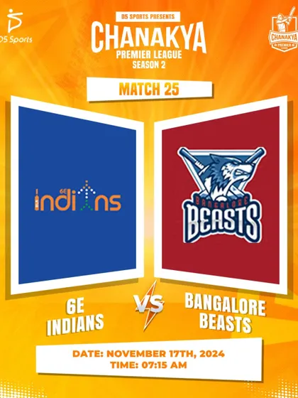 A match-up graphic for Week 5 of CPL Season 2, featuring 6E Indians vs Bangalore Beasts. We create professional materials to build excitement for each game.