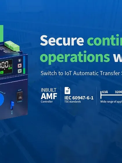 This banner showcases our IoT-enabled Automatic Transfer Switch, designed to secure continuous operations. It highlights the key technical specifications, including the inbuilt AMF controller and wide application range.