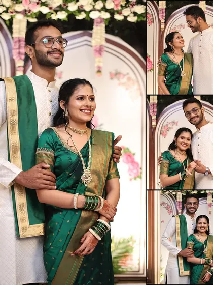 A collage of an engaged couple in traditional green attire, featuring a mix of posed and candid shots.