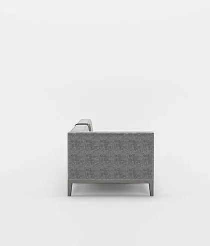 The clean, minimalist side profile of our modern grey sofa, highlighting its sharp tailoring and sturdy wooden legs.
