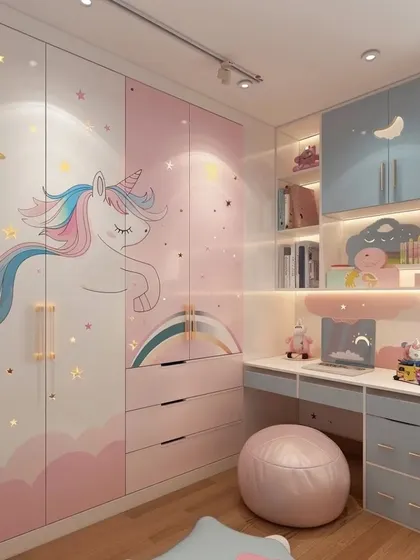For your child's room, I combine fun with function. This unicorn-themed design features a full-wall wardrobe with custom graphics, integrated seamlessly with a study desk, overhead cabinets, and open shelving. It's a complete, space-saving solution.