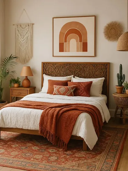 A celebration of texture and tone, this bohemian bedroom captures the essence of the style with its carved wood headboard, terracotta-colored textiles, and natural materials. The result is a space that is both visually rich and deeply restorative.