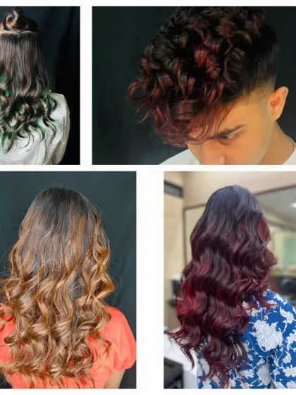 This collage displays a variety of creative hair coloring projects. It includes bold green and red fashion colors, as well as soft brown and burgundy waves, showing the artistic range our students develop.