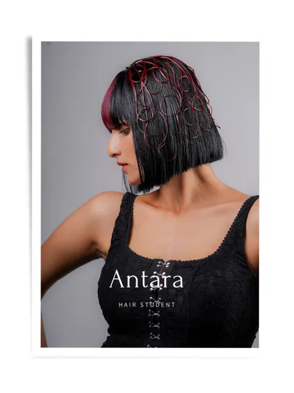 A professional portfolio shot of hair student Antara's work, showcasing her edgy and creative style.