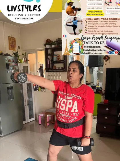 A client performs a lateral raise with a dumbbell, an exercise for building shoulder strength. The overlaid flyer highlights our comprehensive offerings, from fitness to nutrition.