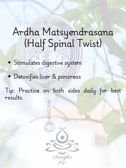 Ardha Matsyendrasana (Half Spinal Twist) stimulates the digestive system and helps detoxify the liver and pancreas, which is beneficial for managing gastritis.