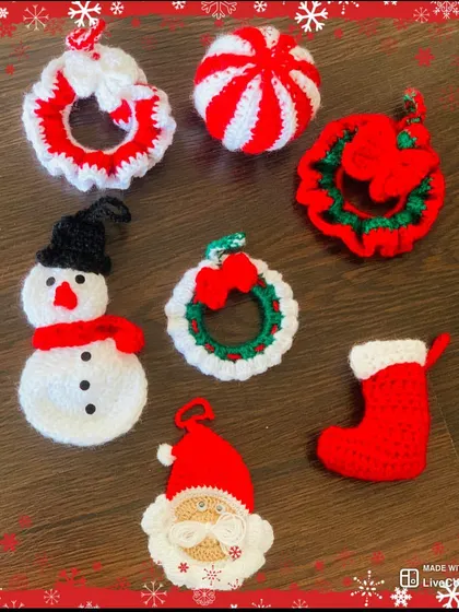 A collection of my most popular Christmas ornaments, including the Santa face, snowman, and mini wreaths.