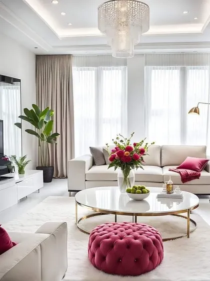 This bright and airy living room uses a neutral palette with pops of magenta for a touch of personality. The large windows, plush rug, and marble coffee table create a sophisticated yet comfortable atmosphere.