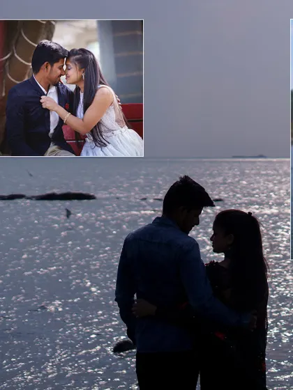 A collage featuring a silhouette of a couple against the water, combined with other intimate portraits. This demonstrates my use of creative lighting and composition.