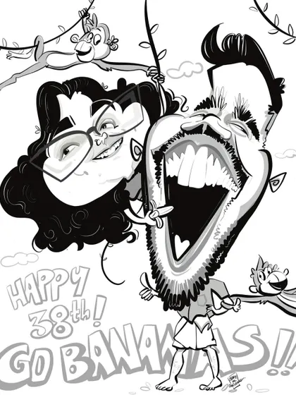 A black and white line art caricature created for a 38th birthday with a "Go Bananas" theme. This style is great for a clean, fun look and can be used for invitations or party decor.