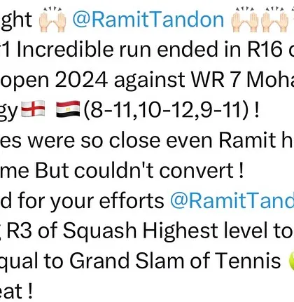 A summary of Ramit Tandon's incredible fight against the World Rank 7 player in the Egyptian Open. Reaching this level in a top-tier tournament is a massive achievement.
