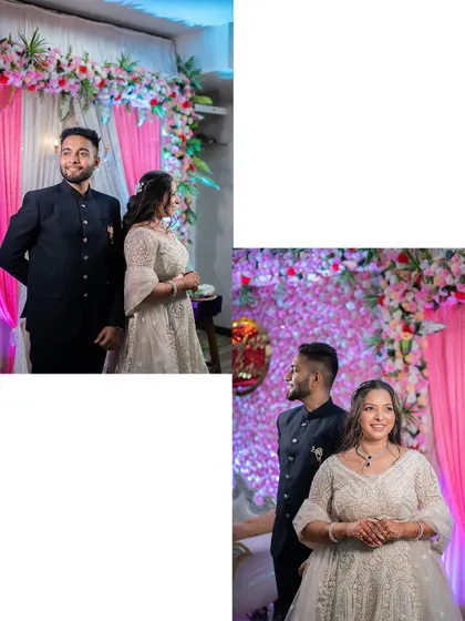 A collage of candid and posed shots of the couple on their engagement stage, capturing the ambiance of the celebration.