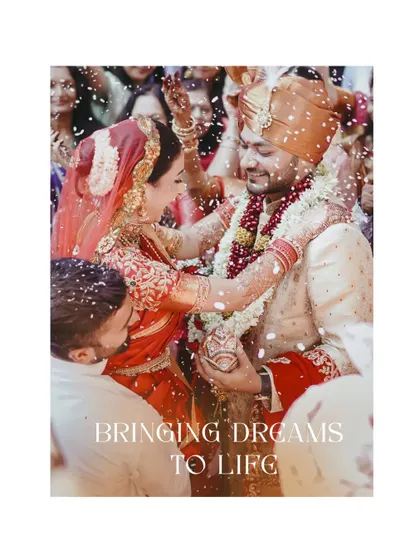 A dreamy, artistic shot of the couple being showered with rice and petals, capturing the magic of the moment.