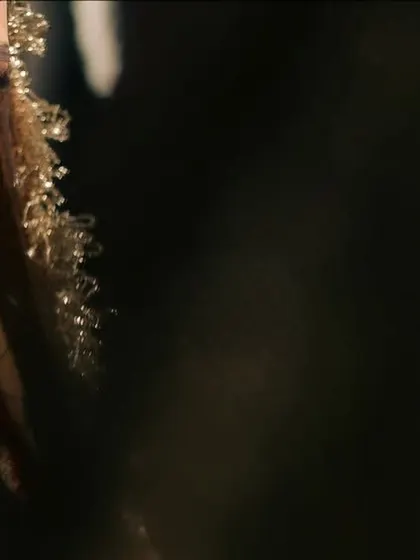 A captivating close-up of a bride, with a slight smile. The dark background makes her features and jewelry stand out.