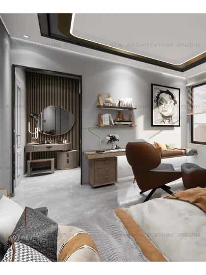 This view shows the integrated study and dressing area, demonstrating my approach to creating multi-functional and cohesive personal spaces.