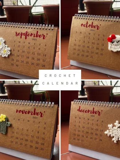 The final four months of my crochet calendar, featuring daisies, a ghost for Halloween, a cactus, and a snowflake for December. It's a gift that keeps on giving all year long.