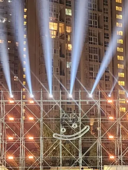 A closer look at the unique smiley-face stage design for a Sunburn festival event. This demonstrates our ability to integrate creative and thematic elements directly into the core scaffolding structure.