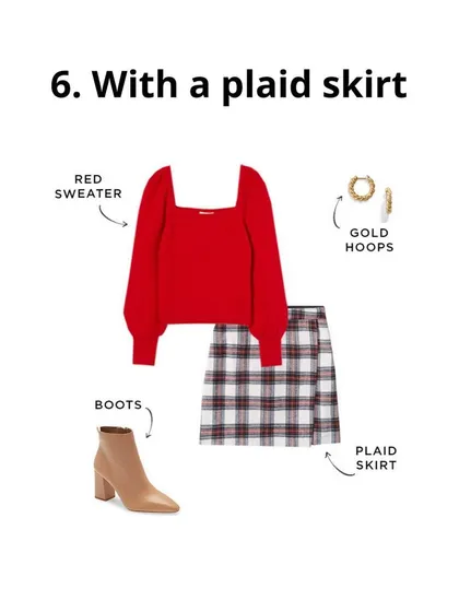 For a more casual holiday gathering, I love styling a red sweater with a plaid skirt. The heeled boots keep the look feeling polished and put-together.