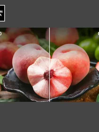 This image clearly demonstrates the difference a high CRI makes. The image on the right, lit with our CRI 97 lighting, shows fruits with vibrant, true-to-life colors, while the standard CRI 80 light on the left appears dull and washed-out.