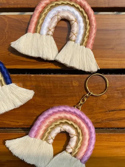 A collection of our macrame rainbow keychains in different color combinations. These are very popular as return gifts for birthday parties or baby showers.