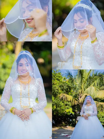 A collage of a beautiful Catholic bride in her white gown and veil, capturing her joyful and serene expressions.