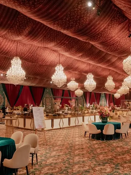 A 200-foot long 'Shamiyana' inspired open-dining hall, lined with dozens of crystal chandeliers. This design draws from Persian and Mughal influences to create a space of robust hospitality and timeless elegance.