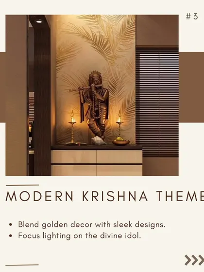 This modern Krishna-themed corner blends sleek design with traditional reverence. I used a golden-textured wallpaper and focused accent lighting to highlight the divine idol, creating an elegant and spiritual focal point within the home.