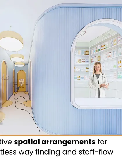 Another view of the pediatric clinic concept, highlighting how intuitive spatial arrangements and visual cues, like the arched window to the pharmacy, create effortless wayfinding and a less intimidating staff-flow.
