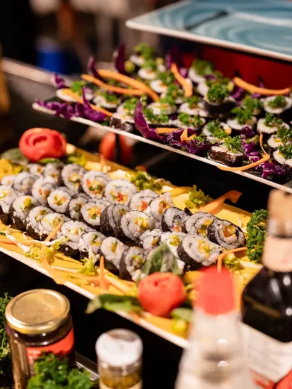 A close-up of my beautifully arranged vegetarian sushi platters. I offer a variety of fresh and flavorful sushi rolls, proving that global vegetarian cuisine can be exciting and delicious.