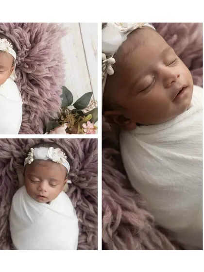A collage of a peacefully sleeping newborn, swaddled in white against a soft lavender fur. This shows different angles and crops from a single setup.