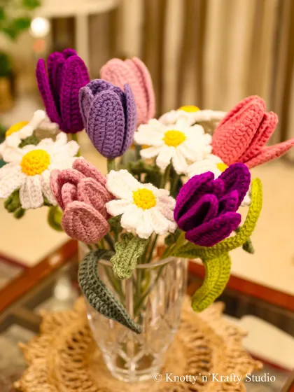 The Blooming Grace Bouquet, a beautiful and elegant mix of handmade tulips and daisies.